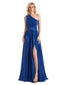 Elegant One Shoulder A-line Side Slit Soft Satin Long Bridesmaid Dresses UK