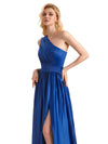 Elegant One Shoulder A-line Side Slit Soft Satin Long Mermaid Prom Dresses