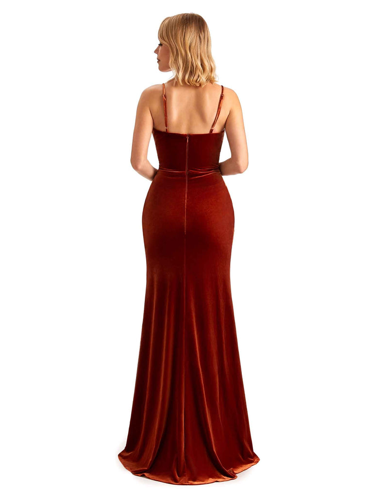 Elegant Mermaid Spaghetti Straps Side Slit Long Velvet Dresses for Wedding Guests
