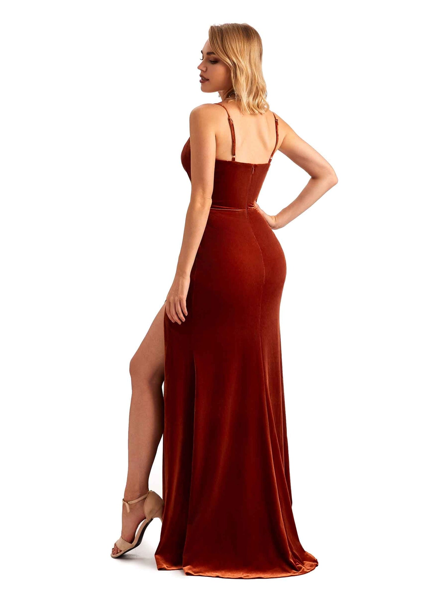 Elegant Mermaid Spaghetti Straps Side Slit Long Velvet Dresses for Wedding UK