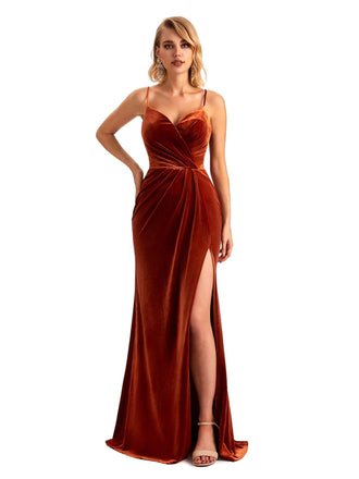 Elegant Mermaid Spaghetti Straps Side Slit Long Velvet Dresses for Wedding Guests