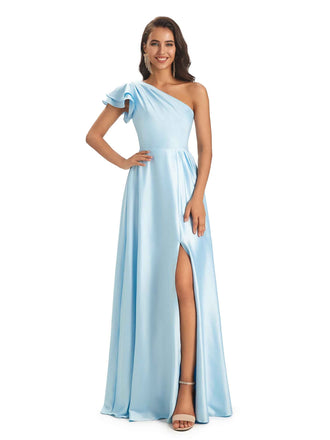 Sexy Soft Satin Side Slit A-Line One Shoulder Floor-Length Long Prom Dresses