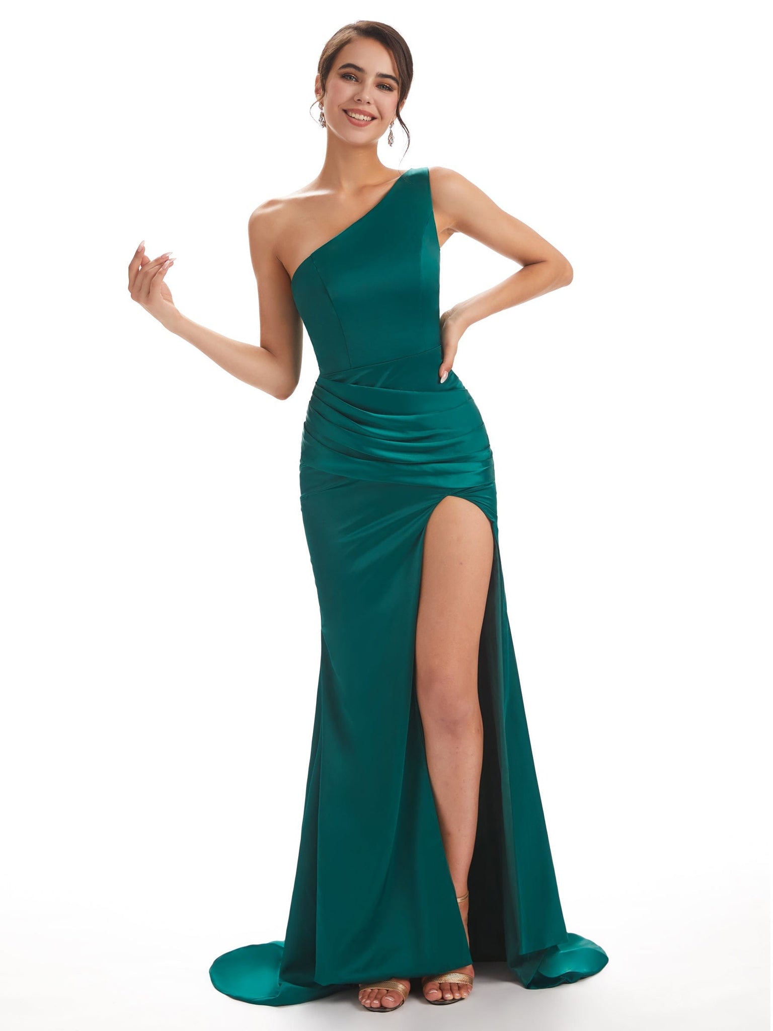 Sexy Soft Satin Side Slit One Shoulder Long Mermaid Prom Dresses Online