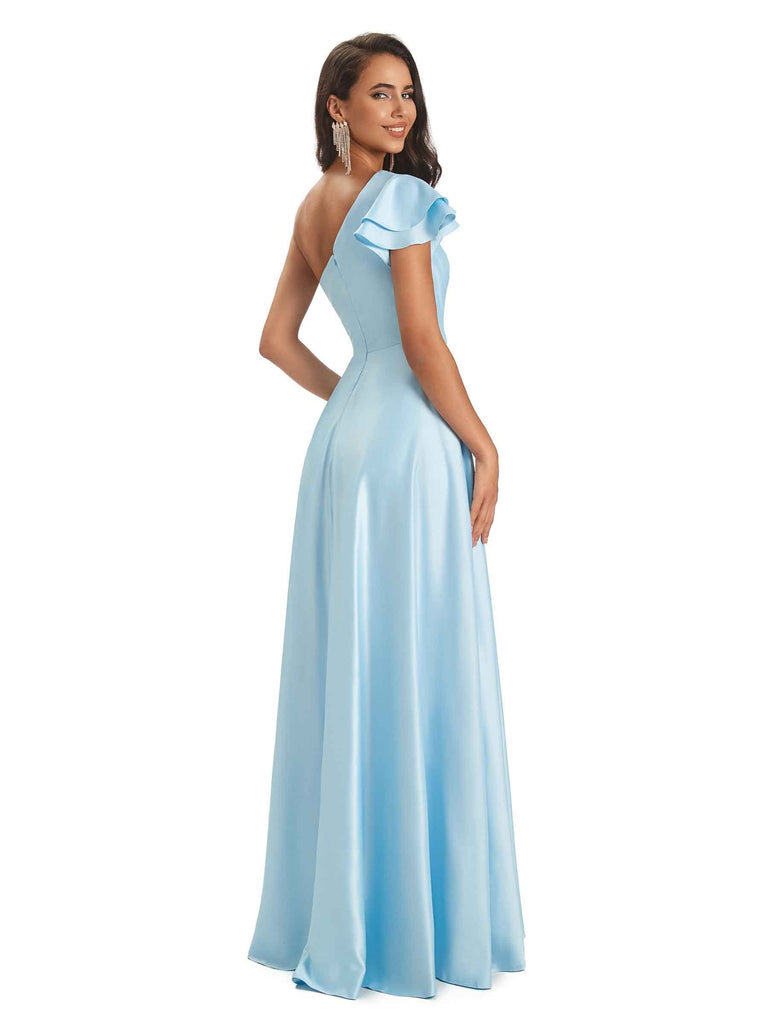 Sexy Soft Satin Side Slit A-Line One Shoulder Floor-Length Long Prom Dresses