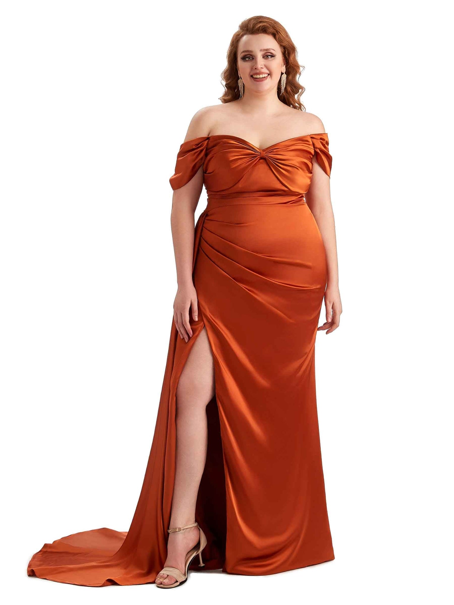 Sexy Side Slit Off The Shoulder Mermaid Soft Satin Long Plus Size Bridesmaid Dresses UK