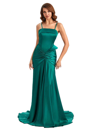 Sexy Mermaid Spaghetti Straps Silky Satin Chic Long Wedding Day Guest Dresses