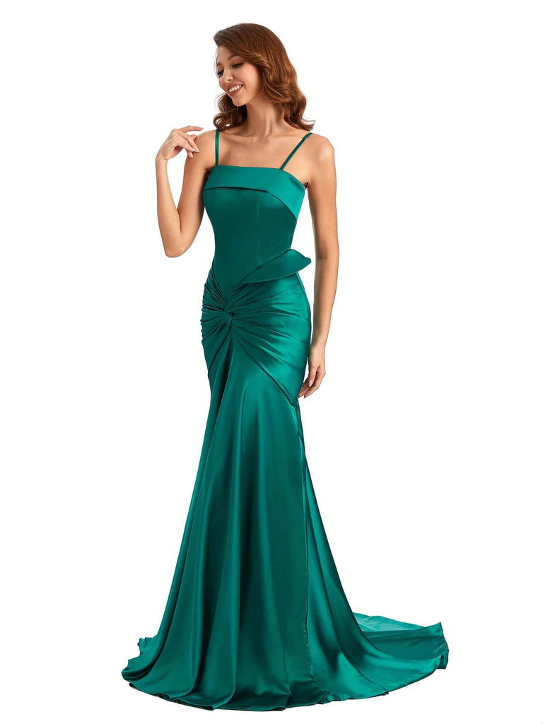 Sexy Mermaid Spaghetti Straps Silky Satin Chic Long Wedding Day Guest Dresses