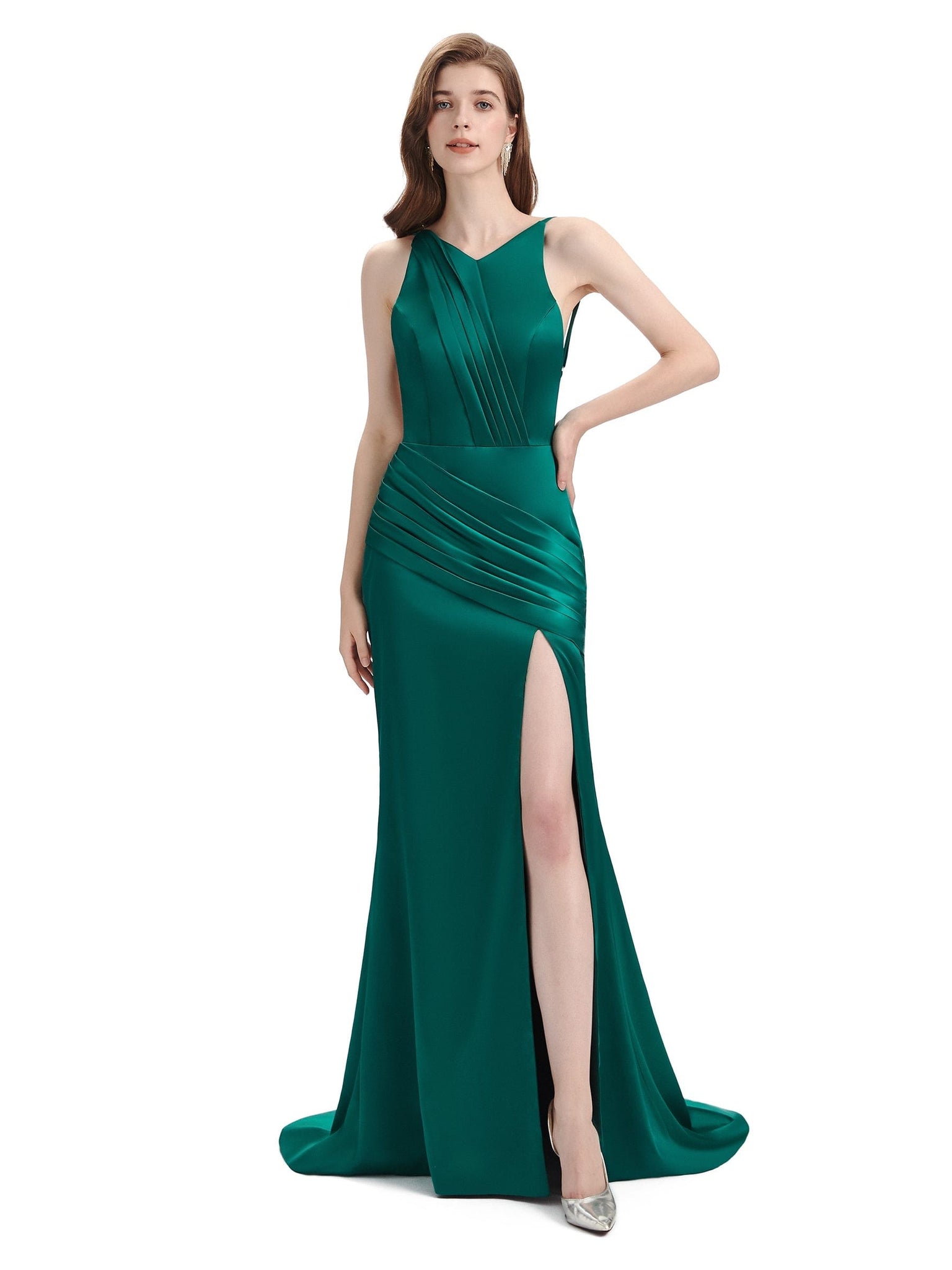Sexy Backess Mermaid Side Slit Soft Satin Floor-Length Mermaid Prom Dresses