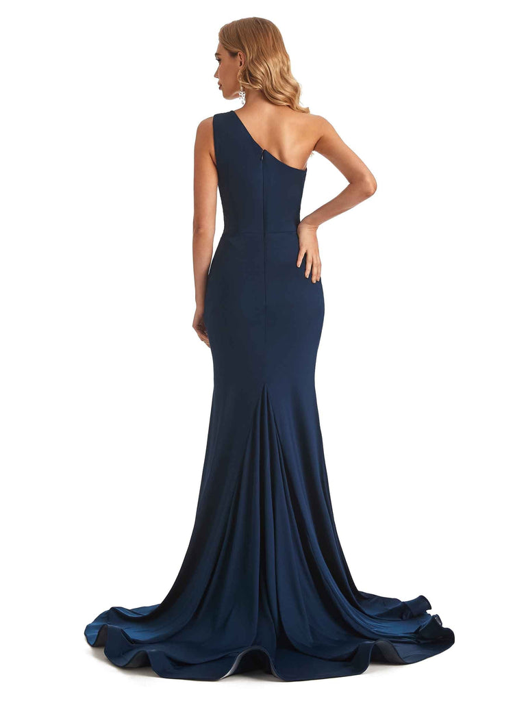 Sexy Mermaid One shoulder Side Slit Stretchy Jersey Long Formal Bridesmaid Dresses