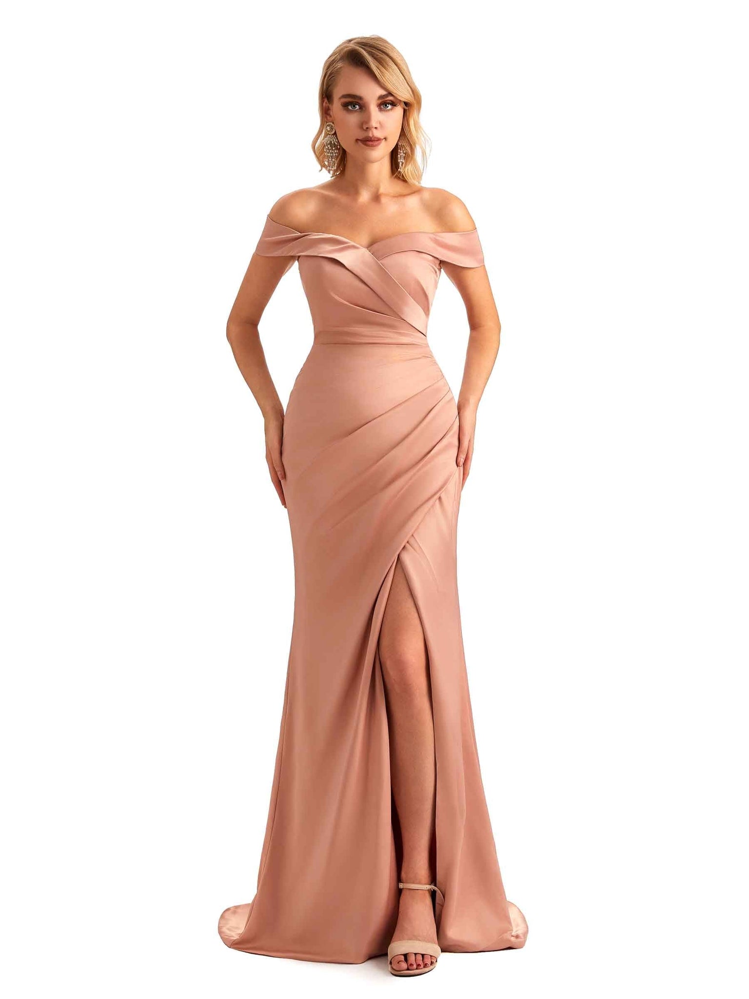 Off The Shoulder Sexy Side Slit Mermaid Satin Long Formal Wedding Bridesmaid Dresses