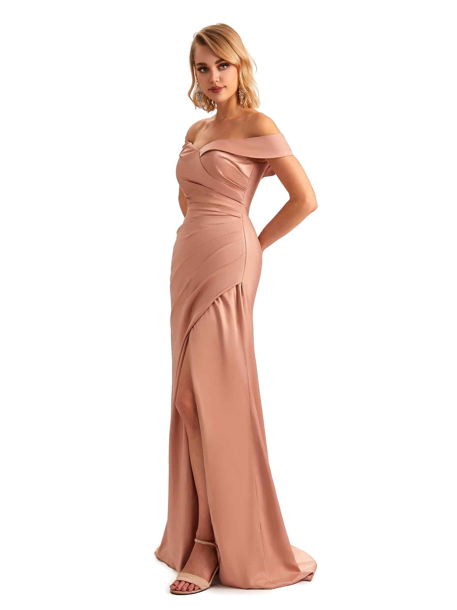 Off The Shoulder Sexy Side Slit Mermaid Satin Long Formal Wedding Bridesmaid Dresses