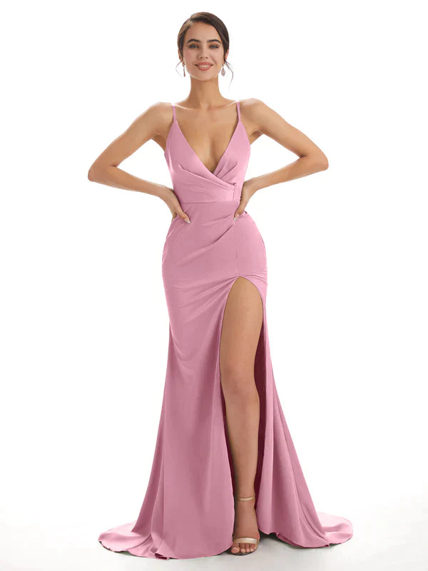 Mismatched Dusty Rose Sexy Side Slit Mermaid Soft Satin Long Bridesmaid Dresses Online