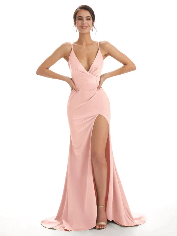 Mismatched Pearl-Pink Sexy Side Slit Mermaid Soft Satin Long Bridesmaid Dresses Online