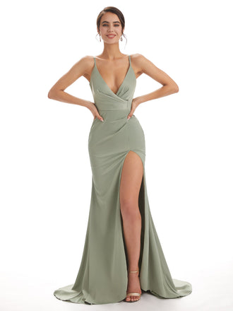 Sexy Soft Satin Side Slit Spaghetti Straps V-neck Floor-Length Mermaid Prom Dresses