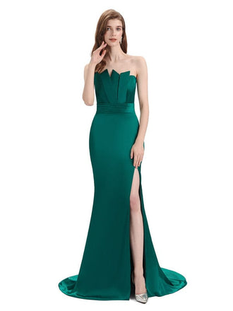 Elegant Soft Satin Strapless Split Side Floor-Length Mermaid Prom Dresses
