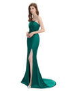 Elegant Soft Satin Strapless Split Side Floor-Length Mermaid Prom Dresses