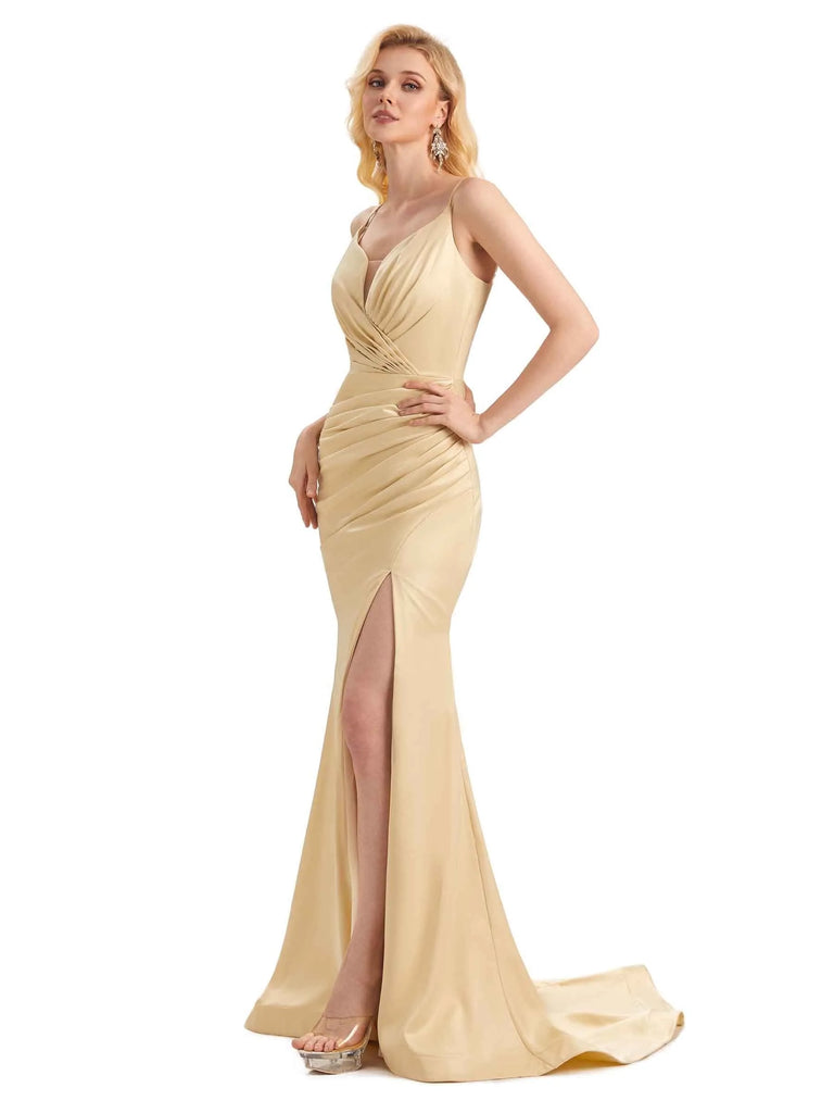 Sexy Side Slit Mermaid Spaghetti Straps Long Satin Prom Dresses Online