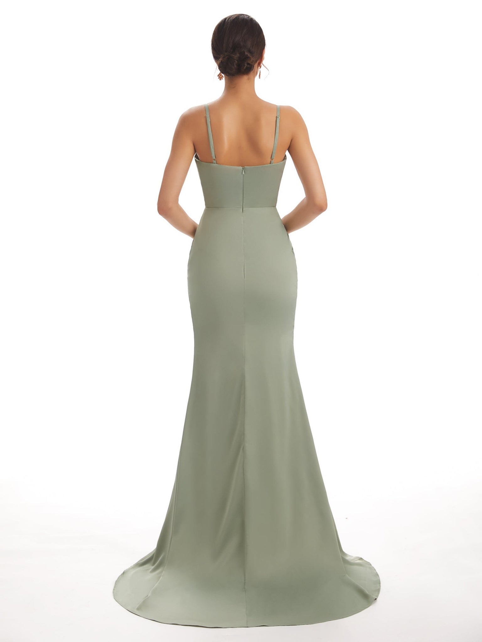 Sexy Soft Satin Side Slit Spaghetti Straps V-neck Floor-Length Mermaid Prom Dresses