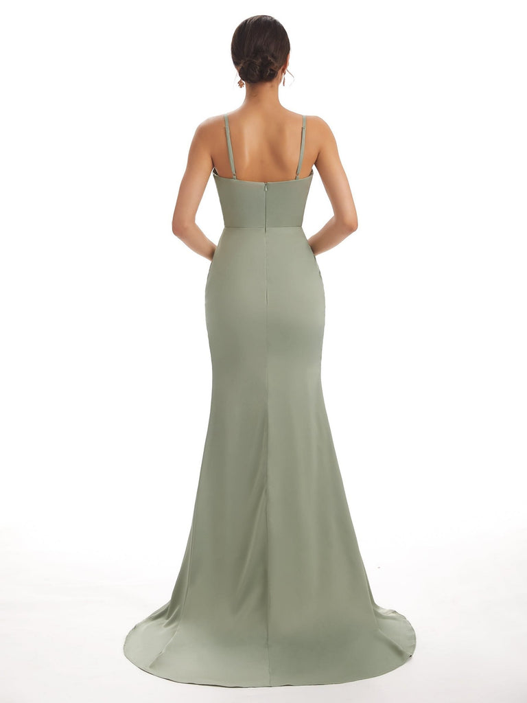 Sexy Soft Satin Side Slit Spaghetti Straps V-neck Long Mermaid Bridesmaid Dresses UK