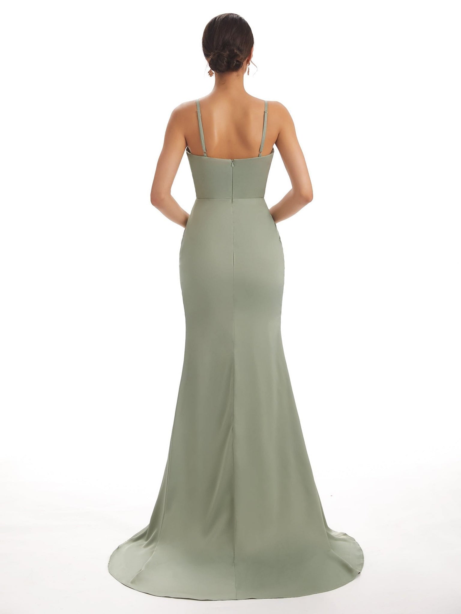 Sexy Silky Satin Side Slit Spaghetti Straps V-neck Long Mermaid Bridesmaid Dresses Online