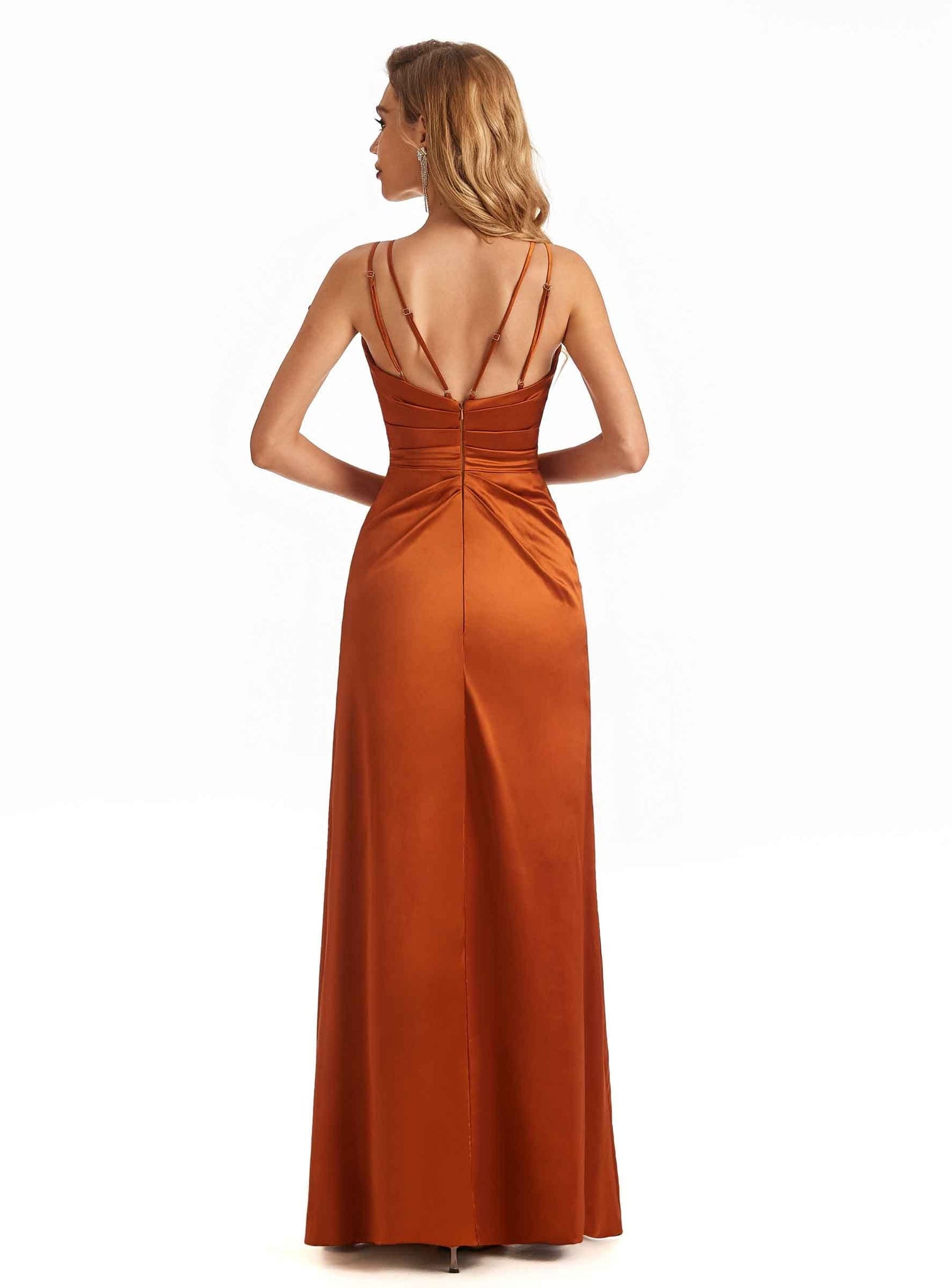 Soft Satin A-line Spaghetti Straps V neck Side Slit Maxi Long Bridesmaid Dresses