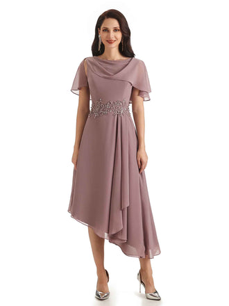 Elegant A-line Chiffon Short Sleeves Asymmetrical Short Mother of The Bride Dresses