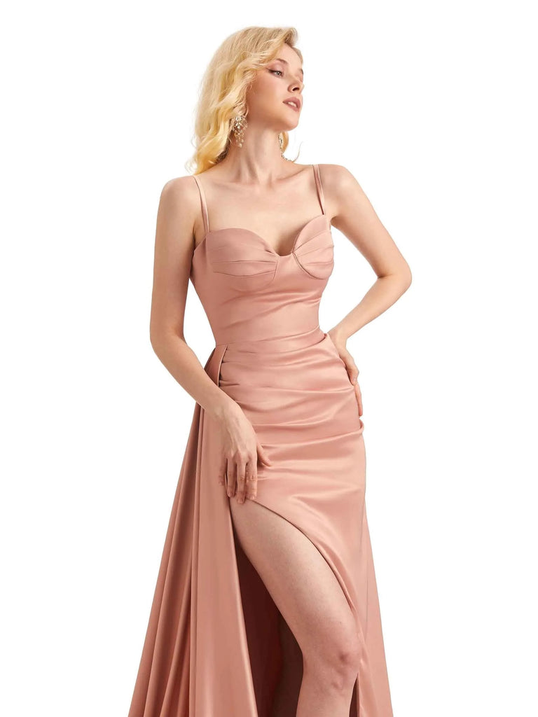 Elegant Soft Satin Side Slit Mermaid Spaghetti Straps Long Prom Dresses Online