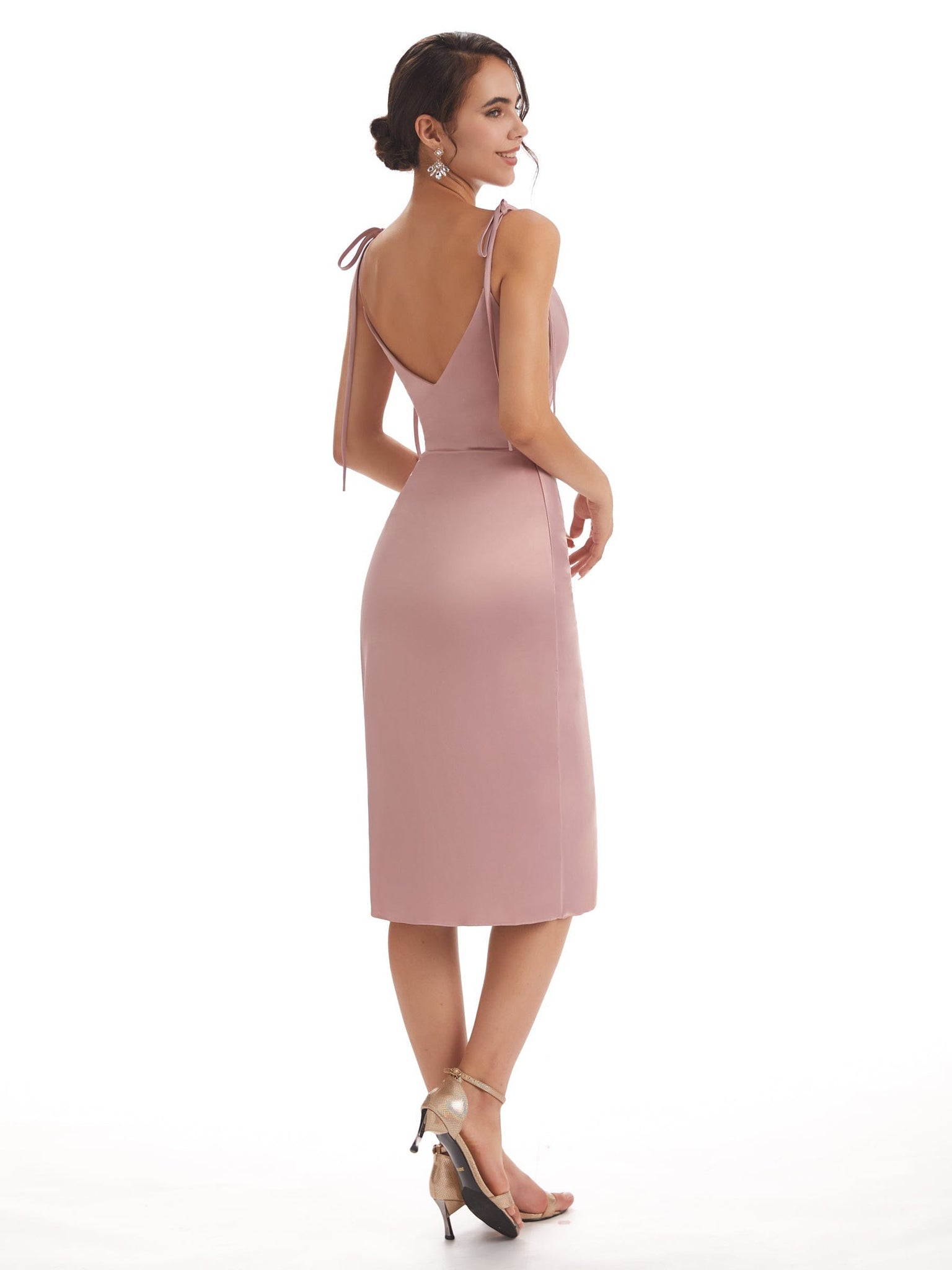 Simple Spaghetti Straps Soft Satin Tea Length Prom Dresses