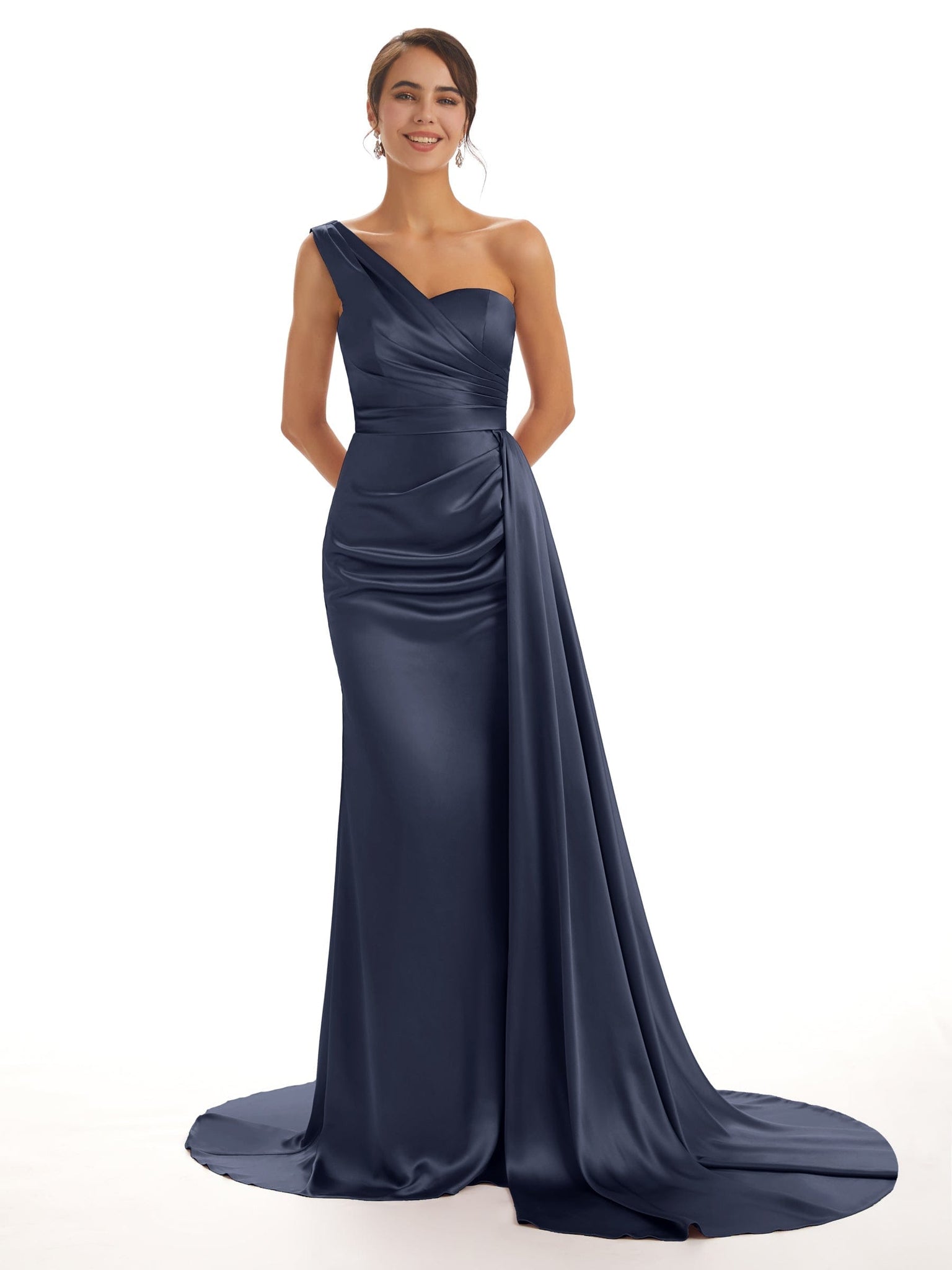 Mismatched Dark-Navy Sexy Side Slit Mermaid Soft Satin Long Bridesmaid Dresses Online