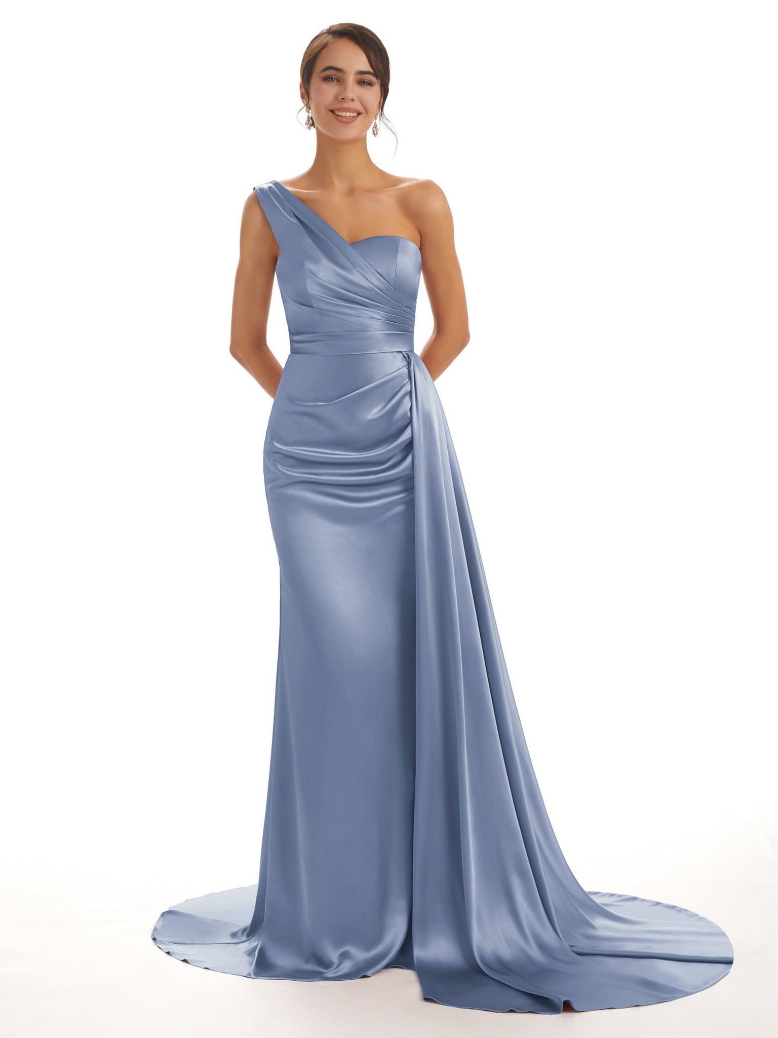 Mismatched Dusty-Blue Sexy Side Slit Mermaid Soft Satin Long Bridesmaid Dresses Online
