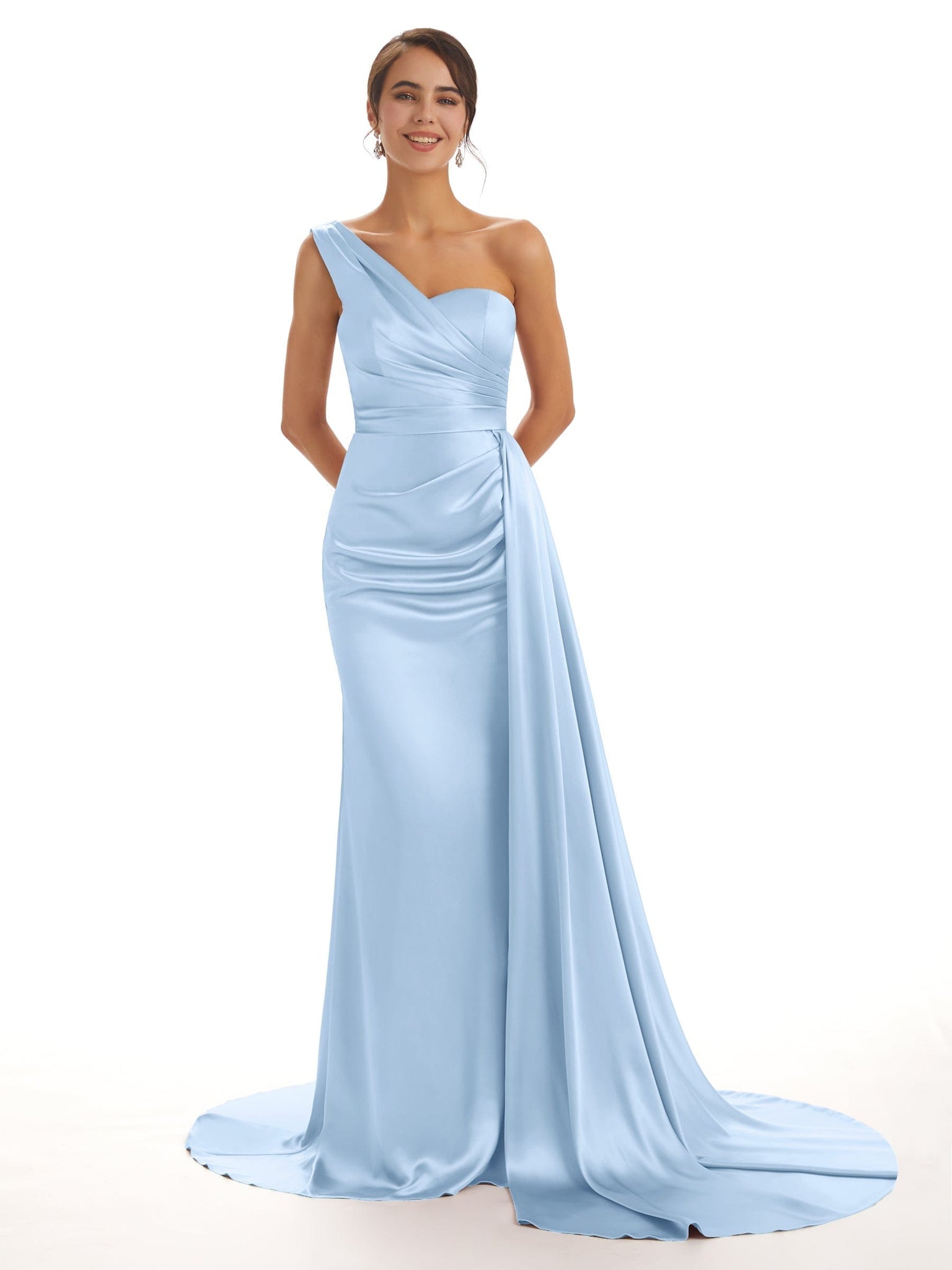 Mismatched Sky Blue Sexy Side Slit Mermaid Soft Satin Long Bridesmaid Dresses UK