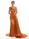 Mismatched Burnt-Orange Sexy Side Slit Mermaid Soft Satin Long Bridesmaid Dresses UK