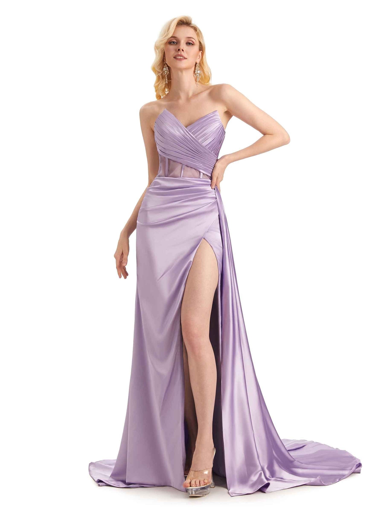 Silky Satin Sexy Side Slit See Through Long Mermaid Bridesmaid Dresses UK