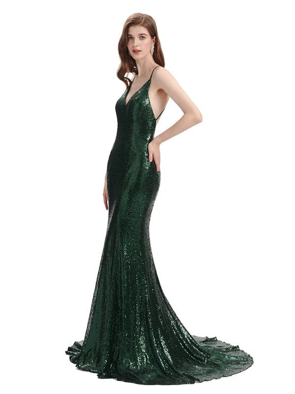 Sparkly Sequin Spaghetti Strap Long Mermaid Bridesmaid Dresses UK