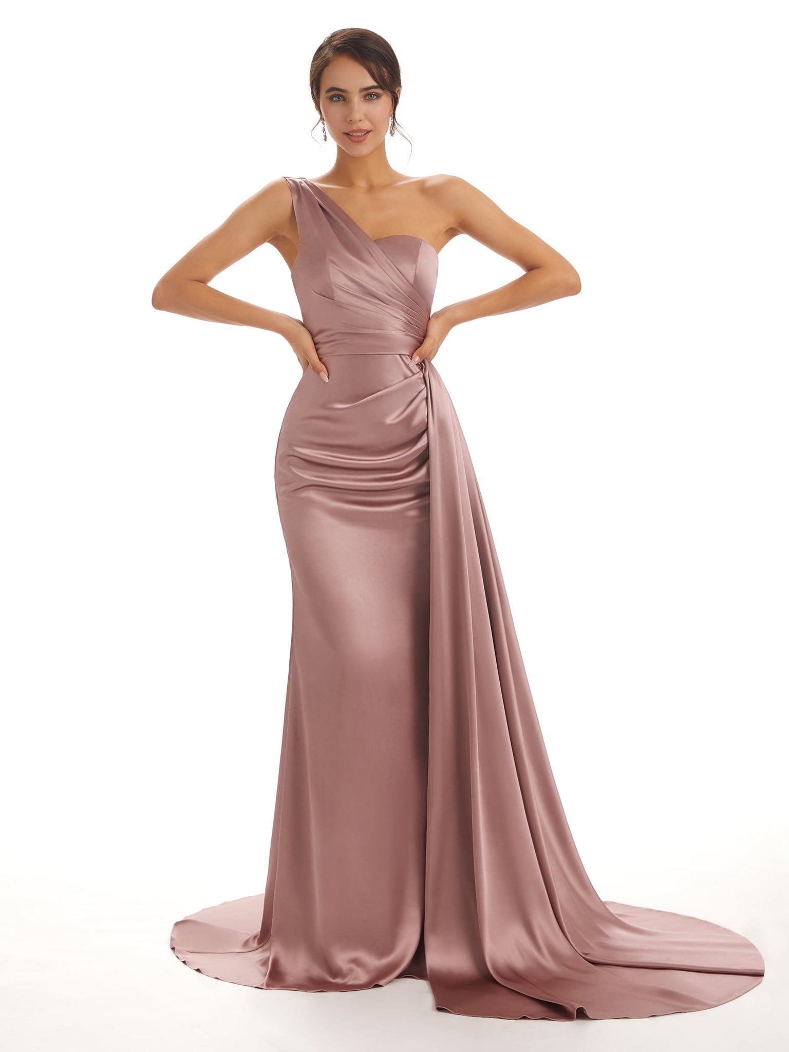 Elegant One Shoulder Soft Satin Pleats Mermaid Long Prom Dresses Online