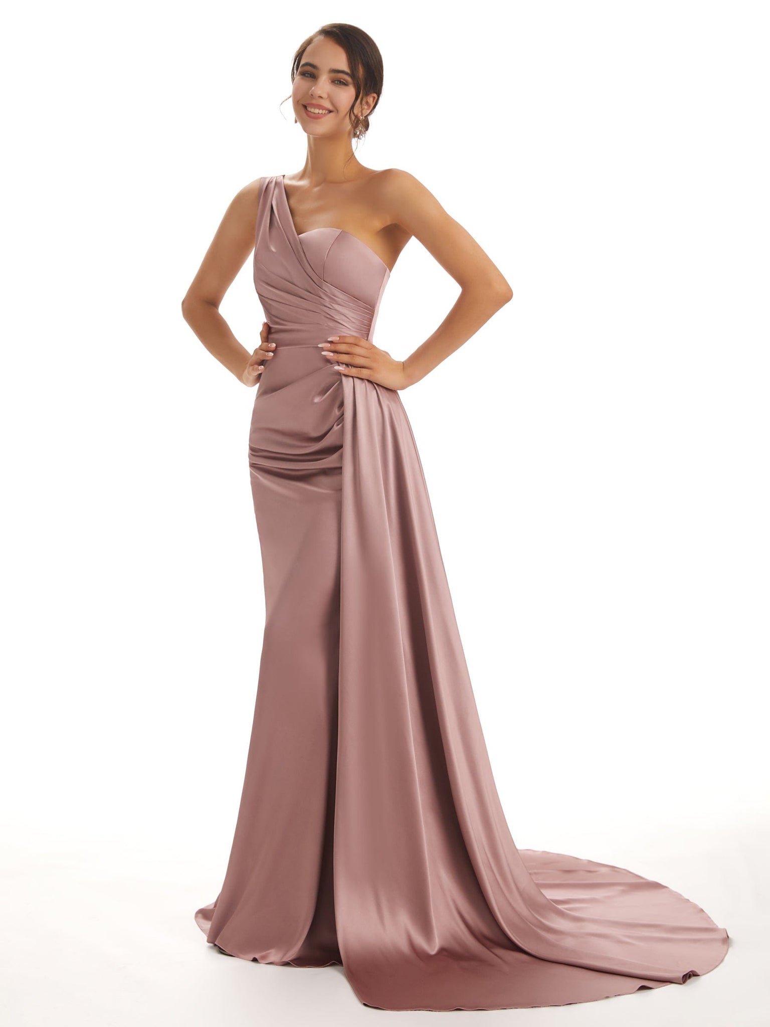 Elegant One Shoulder Soft Satin Pleats Mermaid Long Prom Dresses Online