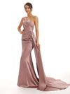 Elegant One Shoulder Soft Satin Pleats Mermaid Long Prom Dresses Online