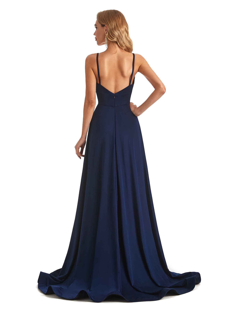 Elegant Spaghetti Straps A-line Side Slit Stretchy Jersey Long Formal Bridesmaid Dresses - ChicSew chicsewuk Elegant Spaghetti Straps A-line Side Slit Stretchy Jersey Long Formal Bridesmaid Dresses - ChicSew chicsewuk