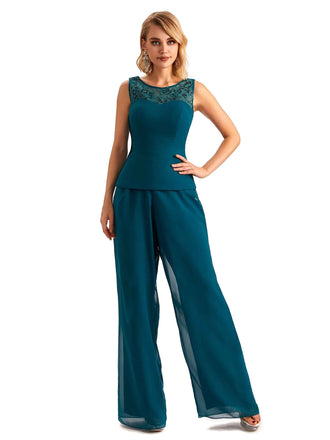 Elegant Chiffon Jewel Sleeveless Pant Suit Mother Of The Bride With Jacket Online