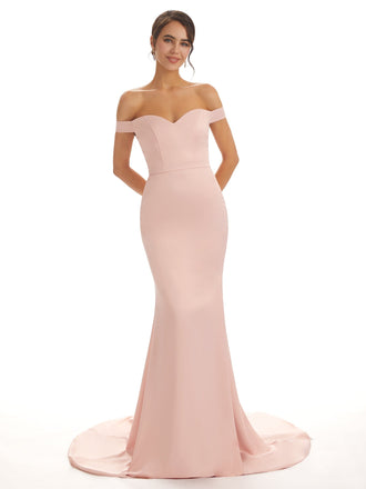 Elegant Mermaid Off-shoulder long Soft Satin Mermaid Prom Dresses
