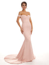 Elegant Mermaid Off-shoulder long Soft Satin Mermaid Prom Dresses
