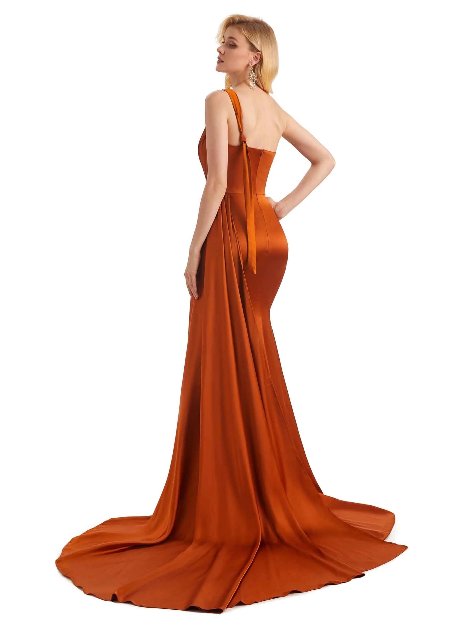 Sexy Side Slit One Shoulder Floor Length Soft Satin Mermaid Prom Dresses