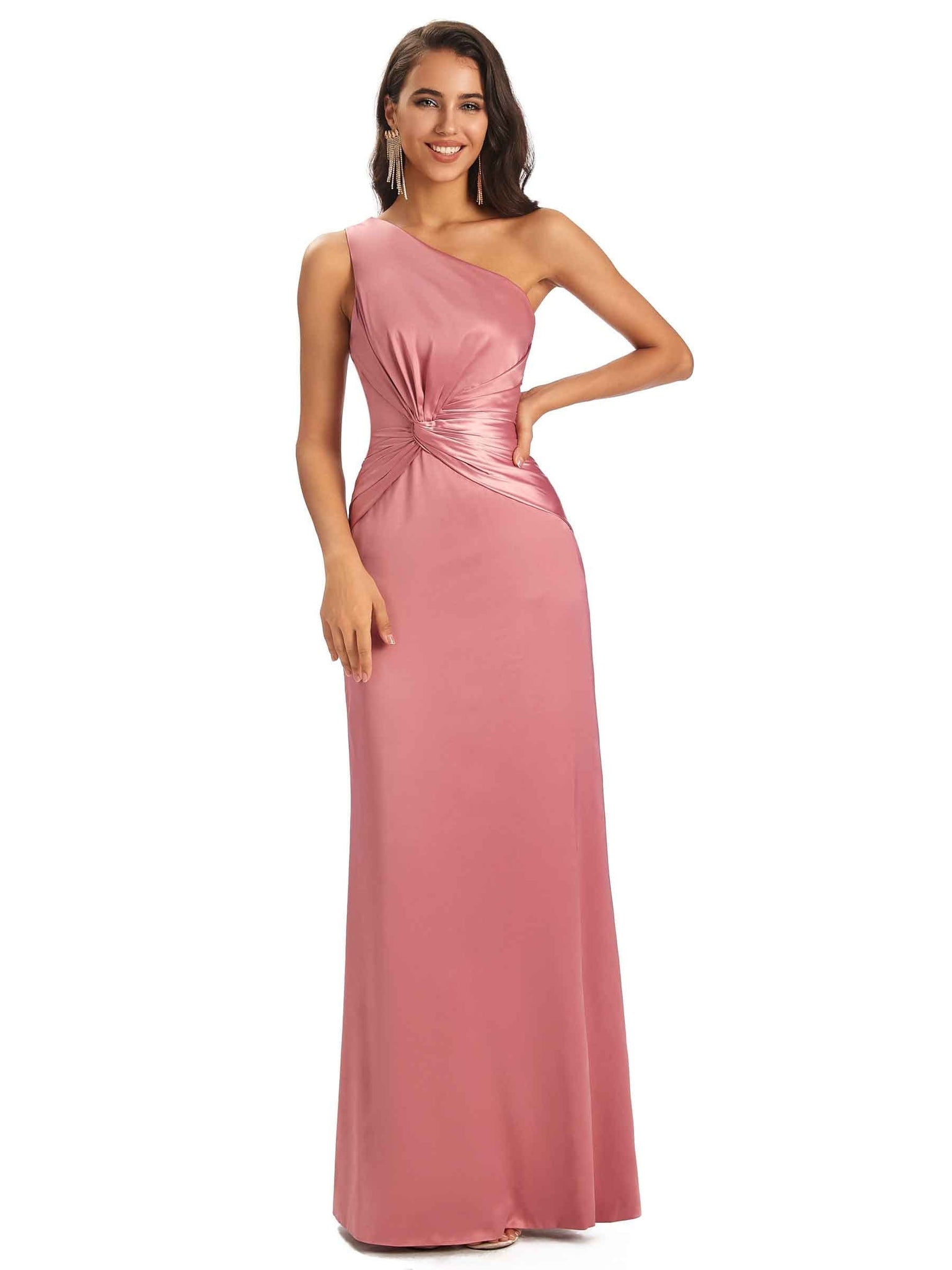 Modern Side Slit One Shoulder Soft Satin Sheath long Prom Dresses Gown