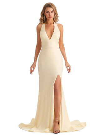 Sexy Mermaid V-Neck Side Slit Stretchy Jersey Long Formal Bridesmaid Dresses