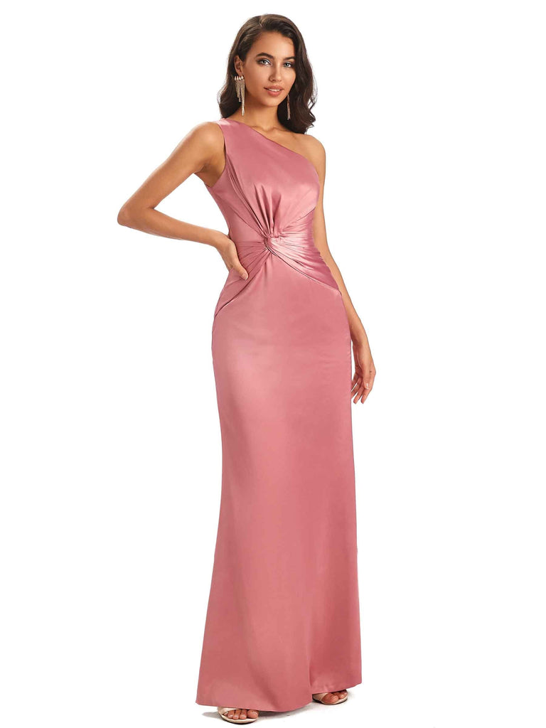 Modern Side Slit One Shoulder Soft Satin Sheath long Prom Dresses Gown