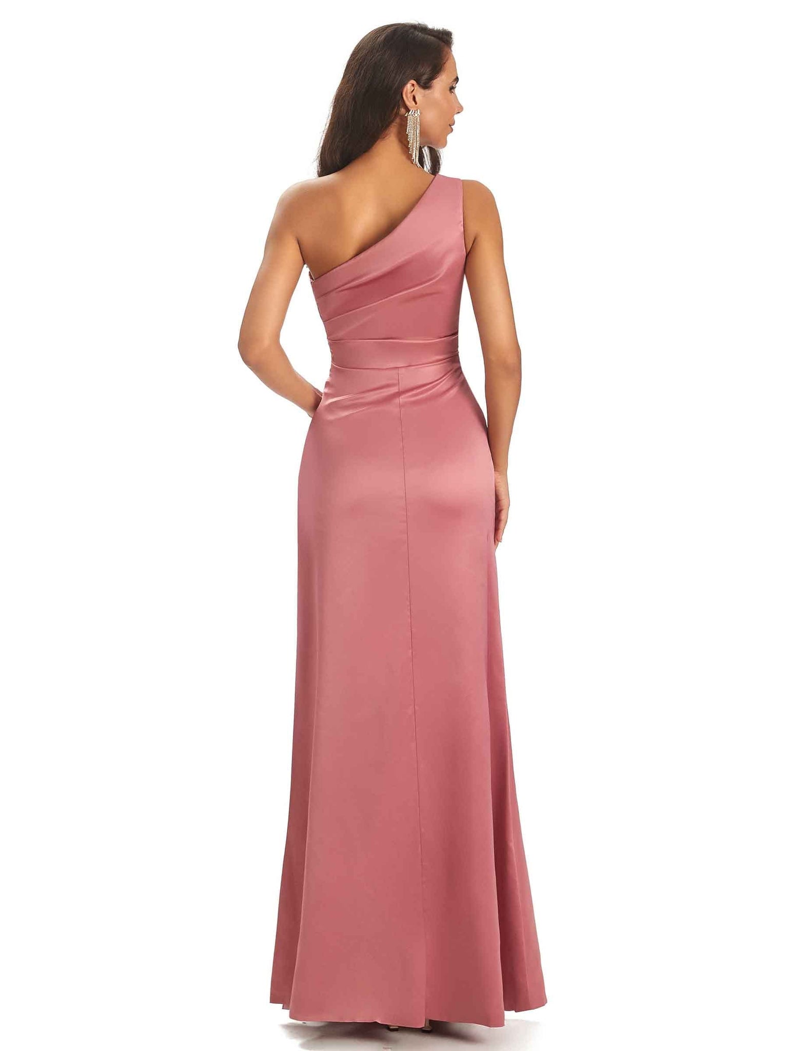 Modern Side Slit One Shoulder Soft Satin Sheath long Prom Dresses Gown