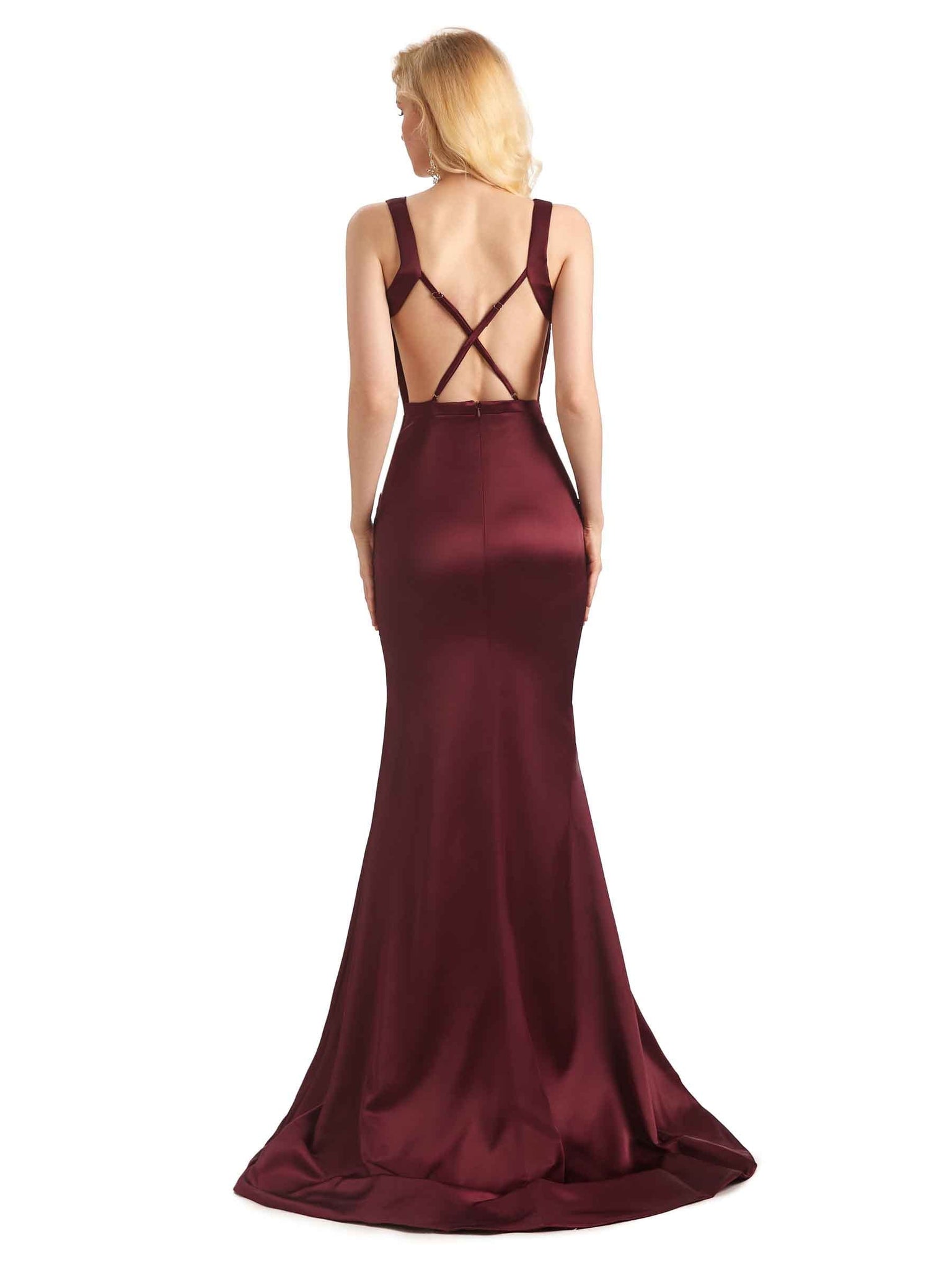 Sexy Backless Soft Satin V-Neck Formal Maxi Mermaid Bridesmaid Dresses UK Online