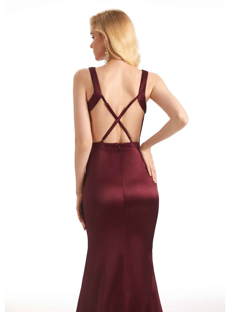 Sexy Backless Soft Satin V-Neck Floor Length Maxi Mermaid Bridesmaid Dresses Online Sale