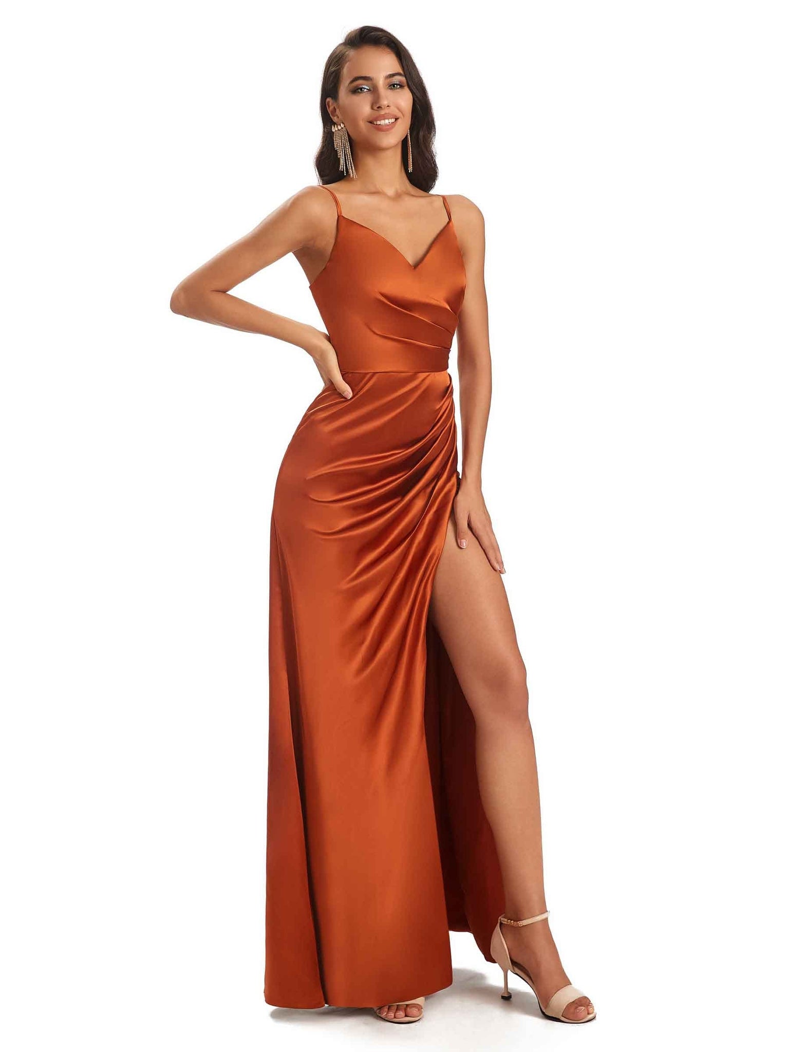 Sexy Soft Satin V-Neck Spaghetti Straps Side Slit Petite Long Bridesmaid Dresses UK