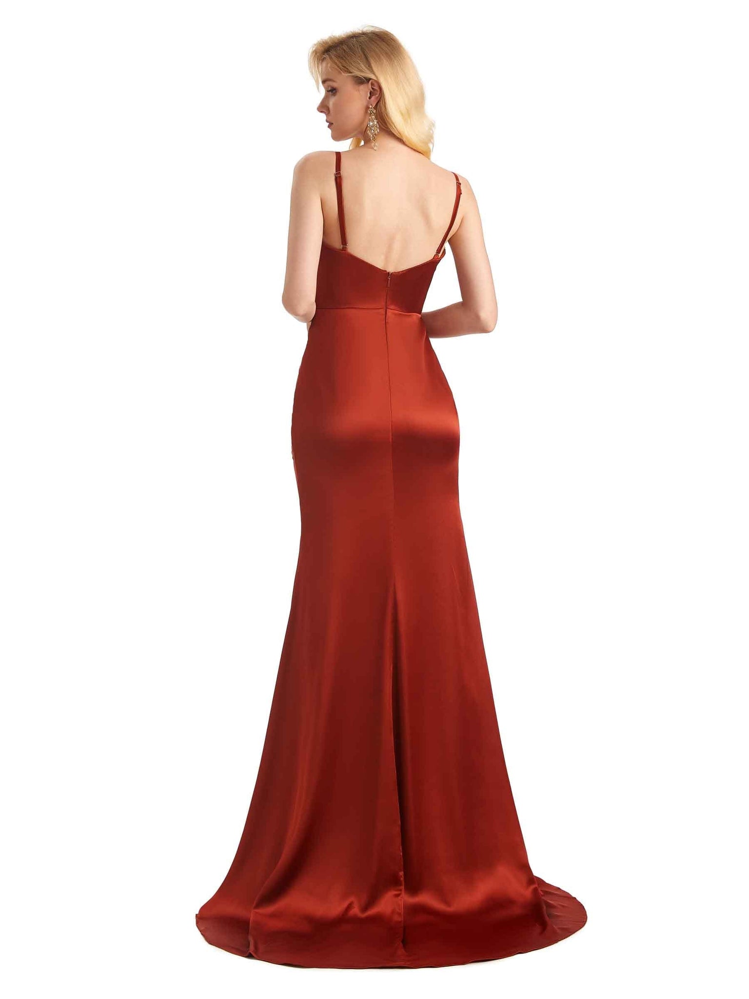 Sexy Side Slit V-Neck Spaghetti Straps Satin Wedding Bridesmaid Dresses UK Online